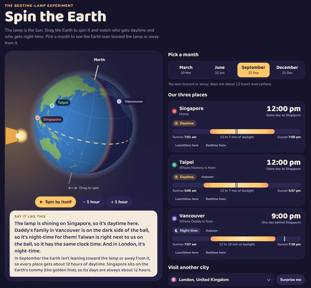 Spin the Earth，床頭燈實驗的地球日夜互動畫面