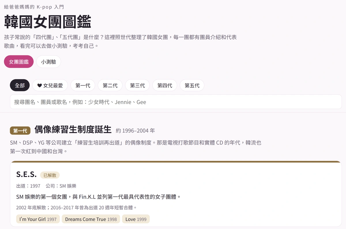 韓國女團圖鑑首頁，從第一代到第五代