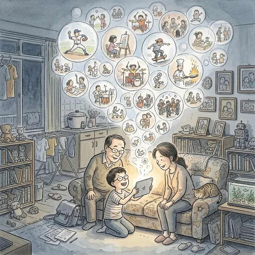 水彩插畫:小男孩拿著平板興奮地給爸媽看,頭頂飄出一串泡泡,裡面是棒球、畫畫、打鼓、溜滑板、做菜等他從短影片看到的世界。(AI 生成)