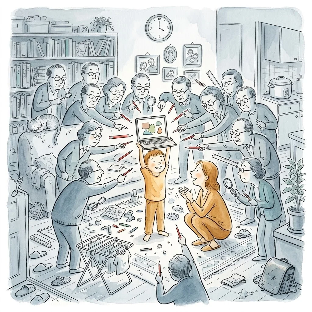 水彩插畫：小男孩高舉筆電站在客廳中央，媽媽蹲在一旁開心鼓掌，周圍一圈長輩拿著放大鏡和紅鉛筆，對著他指指點點。（AI 生成）